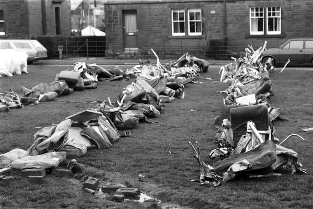 In an effort to piece together evidence, mangled aeroplane seats are laid out in the streets at the Borders town of Lockerbie, where Pan Am flight 103, a 747 Jumbo jet, crashed after a bomb exploded on board in December 1988.