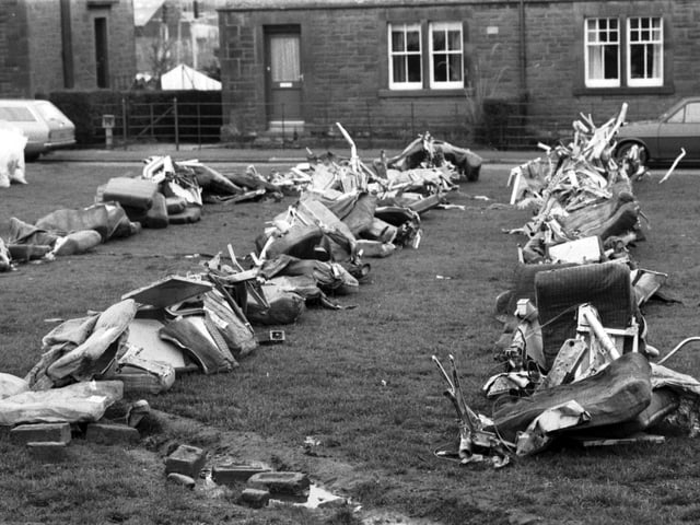 In an effort to piece together evidence, mangled aeroplane seats are laid out in the streets at the Borders town of Lockerbie, where Pan Am flight 103, a 747 Jumbo jet, crashed after a bomb exploded on board in December 1988.