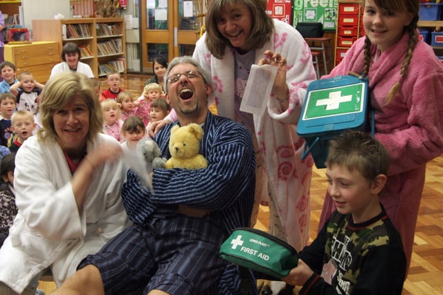 Nigel Turner, deputy head at Norbriggs School, Staveley, had a leg wax to raise money for Children in Need, watched by head teacher Sue Eyre, Angela Hirst, Alex Hawes and James Cooper, pictured left to right.