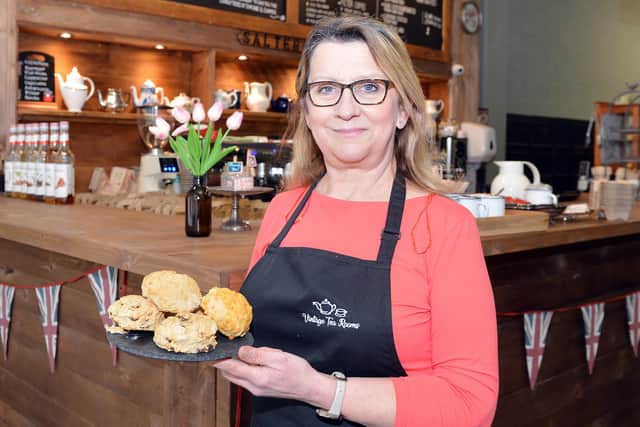 Sharon Hilton, owner of Chesterfield's Vintage Tea Rooms, at the new home on Steeplegate, part of Vicar Lane Shopping Centre.