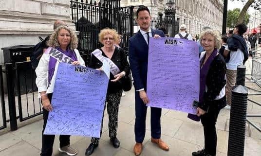 Stephen Morgan, MP for Portsmouth South, with WASPI delegates Angela Madden to his immediate left, Gill Saul and Shelagh Simmonds, right.