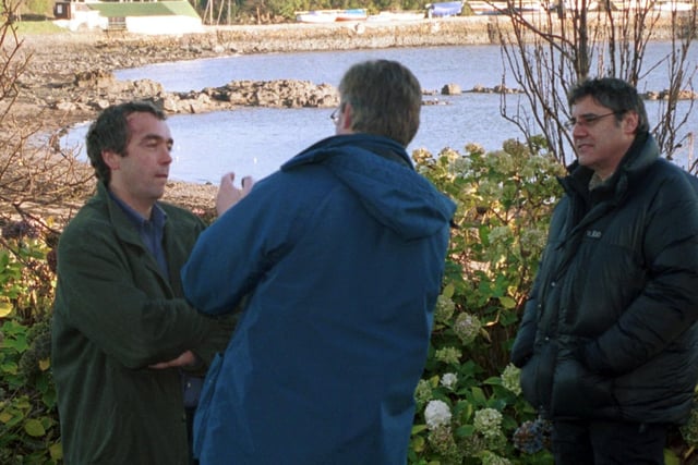 John Hannah talking to the production team with Aberdour's shore in the background