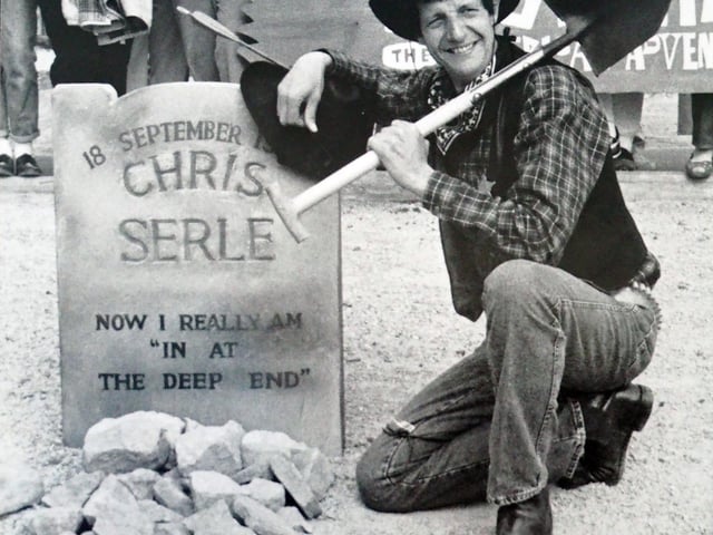 Chris Serle with his American Adventure tombstone.
