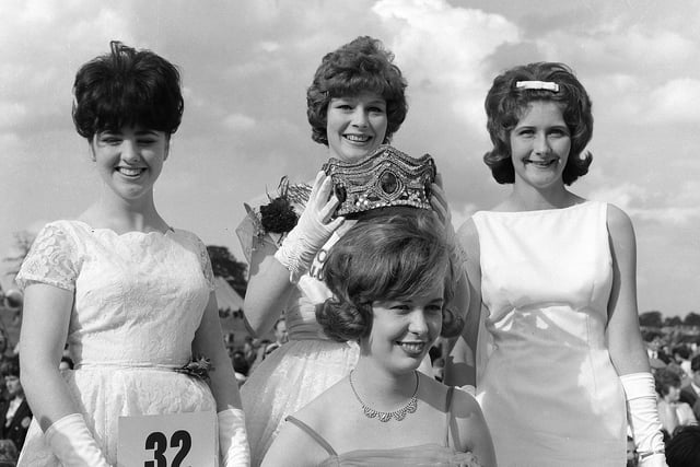 1963 Coal Queen, Monica Smith from Bolsover Colliery, is crowned by the outgoing Brenda Blood as runners up Margaret Smith and Pamela Woodcock look on
