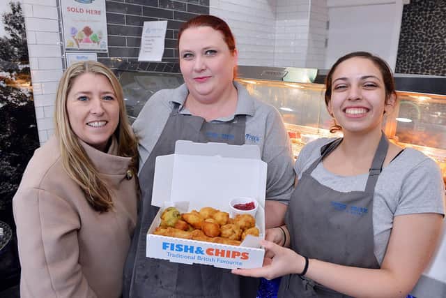 The Spire Frier hit the headlines last December with its Christmas lunch. Pictured then were owner Katie Johnson, shop manager Candice Jacks and counter assistant Beth Shouk with the lunch.