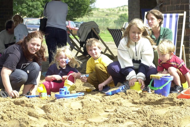 Sheffield Wildlife Trust members laura Caillouet (left) plays  on the "beach" with Chelsea Smith, Dalton Smith, Scott Nicholson and Samantha Nicholson in August 2000
