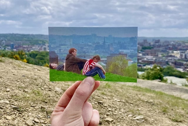 Gaz and Nathan sit together in Parkwood Springs, Sheffield, looking down over the city, in this touching scene from The Full Monty film