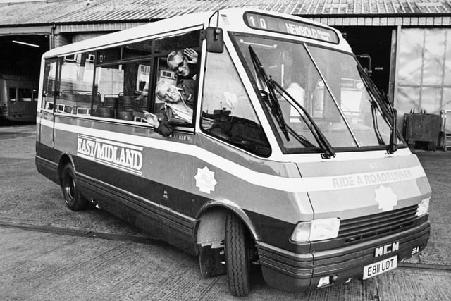 An East Midlands road runner bus, at New Street Garage, Chesterfield, 1990.