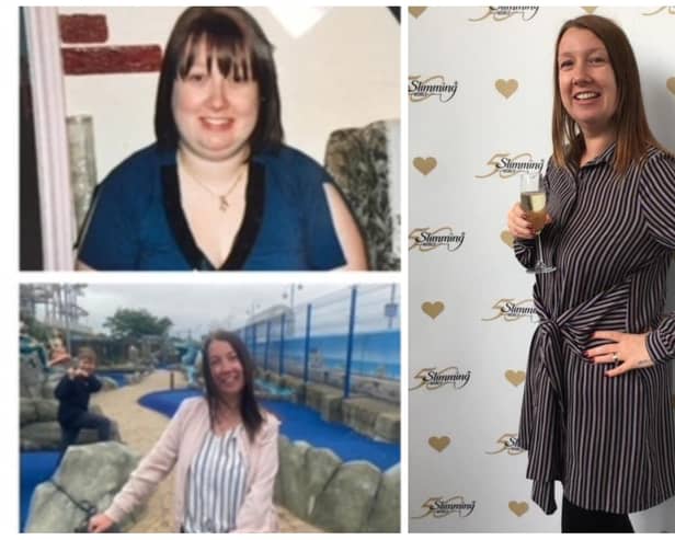 Kerry Wright toasts her eight years as Slimming World consultant for the group which meets at St Barnabas, Danesmoor. The photos on the left are before and after she lost five stone.