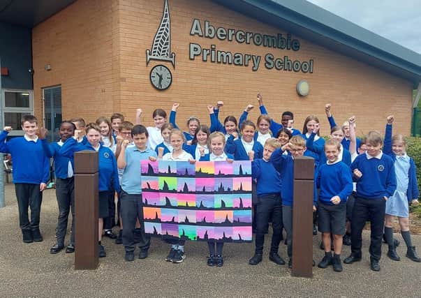 Children from Year 5 at Abercrombie Primary School with their winning design.