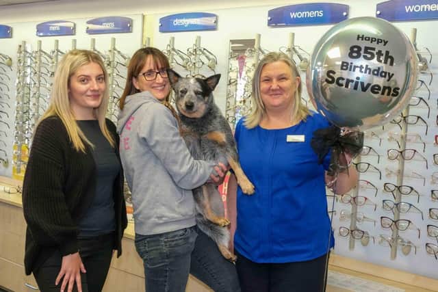 From left Scrivens staff Abbie Kidd, Ruth Oldfield plus dog Daisy and Melanie Page