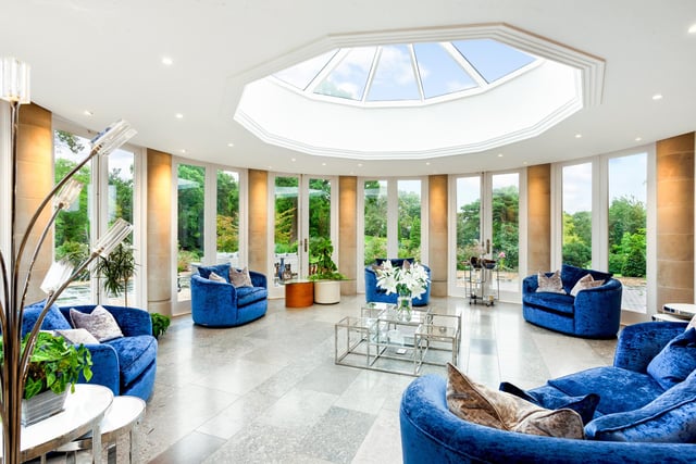 The garden room has pillars made of Derbyshire grit stone, a  roof light and a circular section with a cupola affording stunning 270-degree views of the gardens.