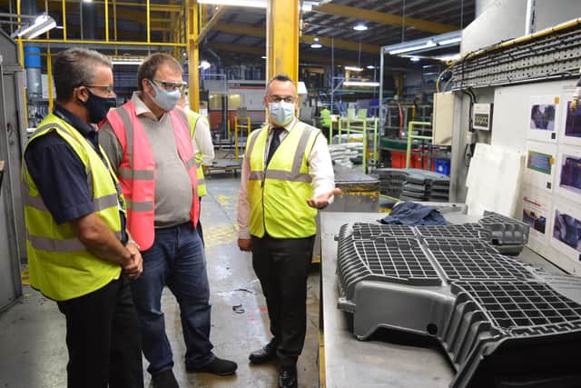 Boslover MP Mark Fletcher (centre) during his visit to Blachford UK's factory.