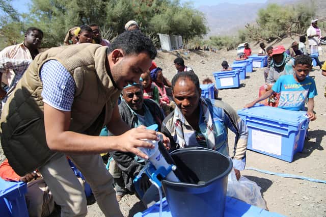 Aquabox donations being unpacked in Yemen.