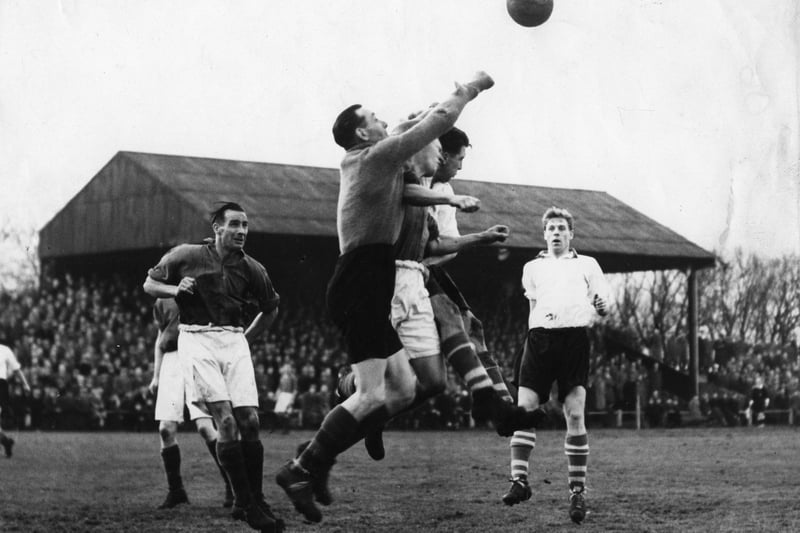 South Shields AFC in action in an April 1955 match before a packed crowd at Simonside.