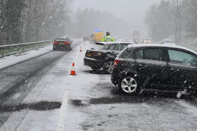 Snow and ice on the roads led to three separate crashes on the Dronfield bypass this morning (picture: Derbyshire RPU)