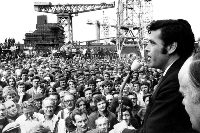 Shop stewards convener Jimmy Reid addresses a mass meeting of the Upper Clyde Shipyards at Clydebank, July 1971.