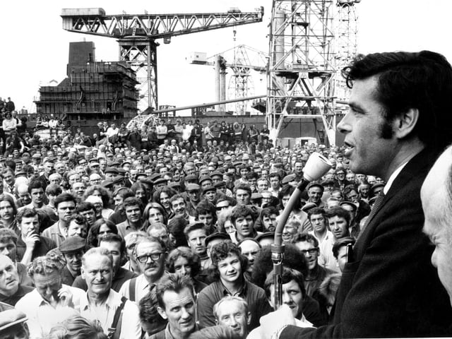 Shop stewards convener Jimmy Reid addresses a mass meeting of the Upper Clyde Shipyards at Clydebank, July 1971.