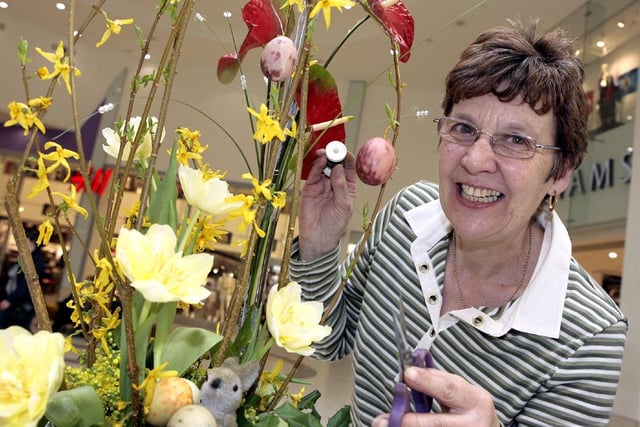 Doncaster Flower Club burst into bloom at Doncaster’s’ Frenchgate Shopping Centre in 2009 by putting on 2 days of free six hour displays featuring floristry and flower arranging workshops. Picture shows Programme Secretary, Jan Travis from Barnby Dun with her blooms.