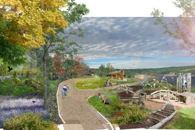 Pictures shows the west play area, and the path that will be in place at Rother Valley, with a cyclist on the track