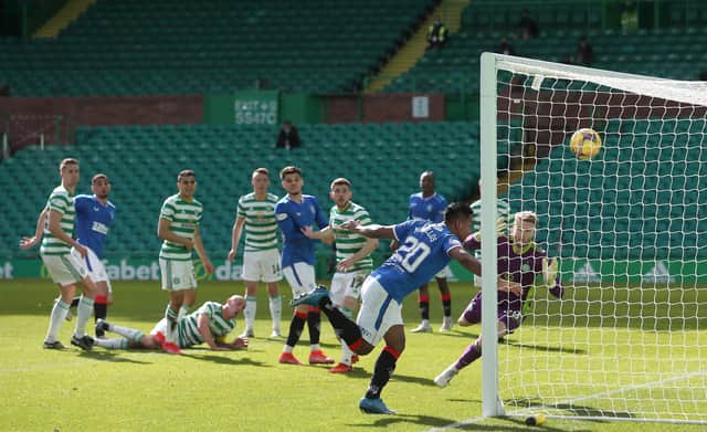 Rangers player Alfredo Morelos heads his first Old Firm goal to level the scores (Photo by Ian MacNicol/Getty Images)