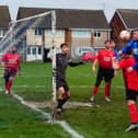 Action from Boot and Shoe (blue) v New Whittington Newbold in the Alma Cup. All photos by Martin Roberts.