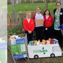 Pupils and teachers at Brimington Junior Schools have been invited to take part in the Easter Foodbank challenge in a bid to support struggling families across Chesterfield. Pictured are Sophie, Jessica and Thea from Brimington Junior School together with Jacqueline DeVeaux, communications, engagement and finding manager of the Chesterfield Foodbank.