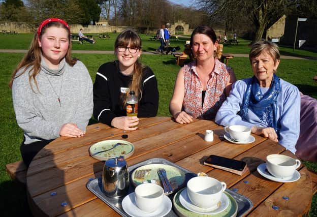 Enjoying the sunny weather at Hardwick Hall. Amelia, India, Pauline Evans and Kate Mitton.