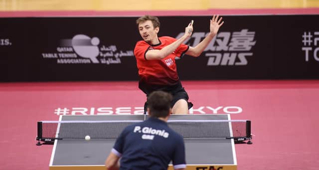 Liam Pitchford during his semi-final win over Gionis Panagiotis at World Singles Qualification Tournament, Doha, Qatar. Pic by ITTF.