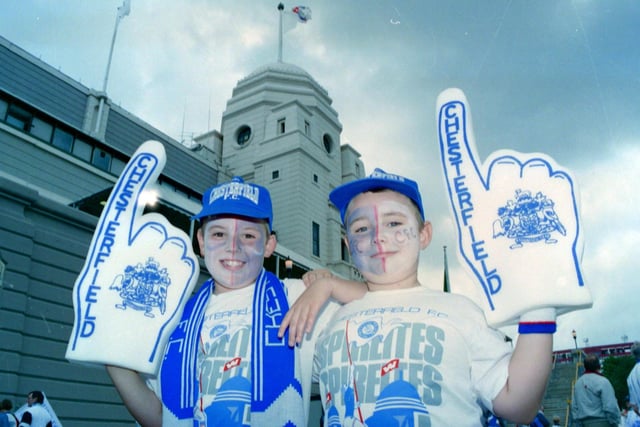Fans get ready for the Chesterfield v Bury play-off final at Wembley, in 1995