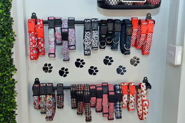 Handmade dog collars can be created using a fabric of the customer's choice.
