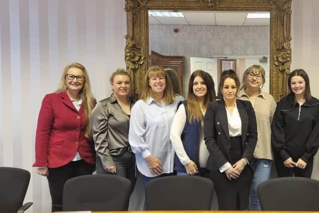 From left to right: Melanie Ulyatt (MD One to One Support Services), Rebecca Kate (Clover Homes), Lynda Barksby (Holistic Health Hub), Annie Ellis (Hidden Pheasant Clothing), Sasha Ashleigh (business governance director and HR consultant One to One), Callie Furnish, Lyla Johnson and Andy Taylor (Blue Bell Inn and Chantry Restaurant) and Matthew Rushton (The Galleon Steakhouse).