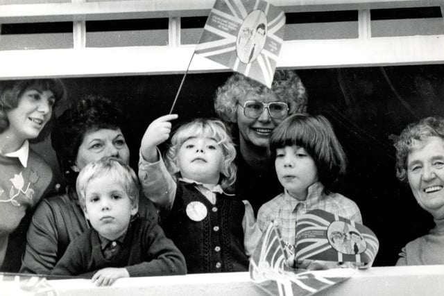 Flag-waving well wishers in Chesterfield during the Royal visit, 1981.
