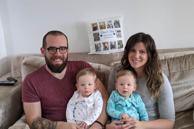 Twins Noah and Riley Askew, 4, have been both diagnosed with  have been diagnosed with autism spectrum disorder and are nonverbal. Their mother, Kimberley, has been trying to get and ECHP set up for them since August 2022. Pictured above with their parents John Askew and Kimberley Webb.