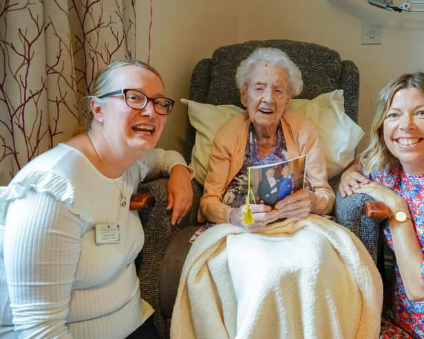 Nora Stainforth, 106, celebrated her birthday at Callywhite Care Home in Dronfield, where she has been living since 2017.  Seen with Marie Pollard activities coordinator and granddaughter Helen Wells.