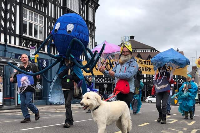 People who joined the march through Chesterfield dressed as animals or in blue and green.