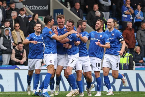 Chesterfield celebrate after Tom Naylor's goal. Picture: Tina Jenner.