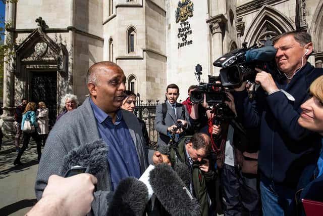 Harjinder spoke to the press after his conviction was overturned. Picture from Hudgell Solicitors.