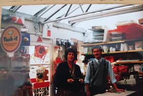 David with mum Margaret in the Worksop shop in the late 1980s