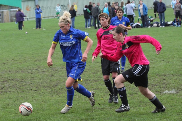 Bright also spent time on loan with Leeds United Ladies, for whom she is in action here against Bradford (Park Avenue)