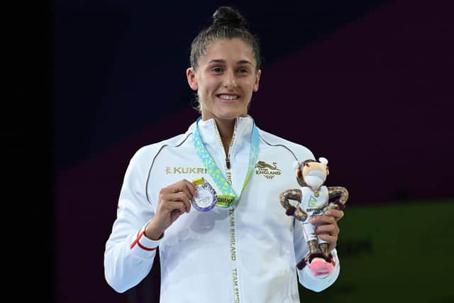 Imogen Clark on the podium at the Commonwealth Games in Birmingham in July. (Photo by Andy Buchanan/AFP via Getty Images)
