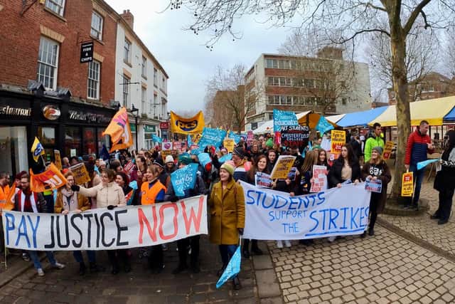 Hundreds of people have gathered in Chesterfield holding colourful banners and demanding pay justice. Students have joined the strike action to show their support.