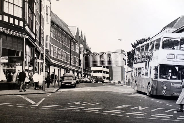 Elder Way looking north from Knifesmithgate in 1992, shows two key landmarks of the time - the famous Co-op bridge over Elder Way and, in the background, the now demolished and replaced Saltergate multi-storey car park,