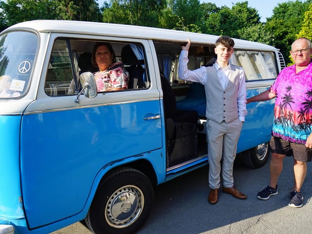 Georgie Devine is dropped off in a vintage camper van by Craig Lee.