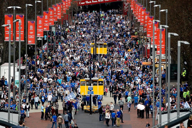 Fans make their way down Wembley Way prior to the Johnstone's Paint Trophy Final between Chesterfield and Peterborough United.