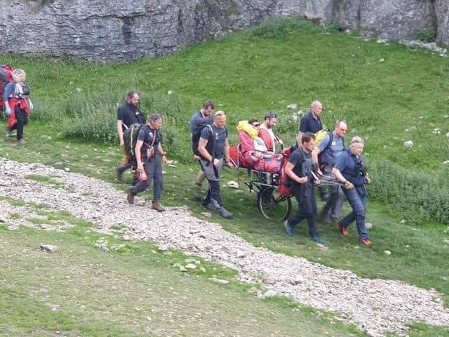 Matt had to be sat up in the stretcher so he could be transported down to a waiting ambulance. 
Image: EMRT