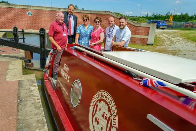 Chesterfield Canal Festival Business Event. seen volunteer skipper Terry Phillips, MP Toby Perkins, leader Chesterfield BC Tricia Gilby, deputy leader Amanda Sarjeant, James Draycott volunteer boat manager. and Cllr Stuart Fawcett.