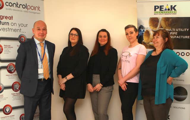 Vernon Tolson, business development officer at The Source Skills Academy,  at the workshop with, from left, Sammy Hodgkiss (Weightron Bilanciai), Katrina Simmons (Peak Pipe Systems), Amy Wright (MSK Ingredients), and Anne Burton.