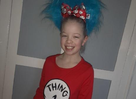 Ellie dressed as Thing 1 in this photo submitted by Amanda Green.