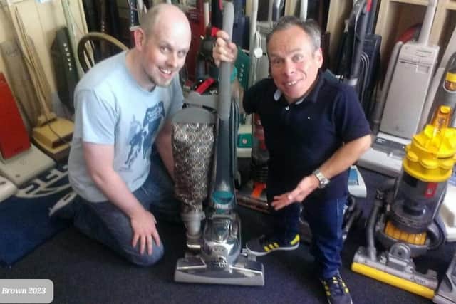 TV presenter and actor Warwick Davis visited James' museum in 2017 where he is seen with a Kirby Sentria 2 vacuum cleaner.